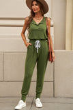 button front sleeveless drawstring jogger jumpsuit
