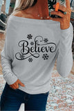 Off-the-shoulder Believe Snowflake Pattern Long Sleeve Top