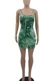 Green Sexy Print Split Joint Backless Spaghetti Strap Pencil Skirt Dresses