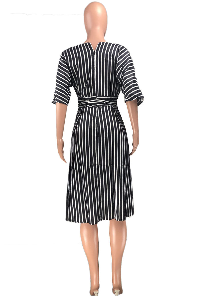 Black Casual Striped Print Split Joint V Neck Short Sleeve Dress Dresses