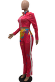 Rose Red Casual Patchwork Tie-dye Turndown Collar Long Sleeve Two Pieces