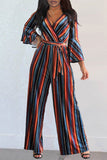 Multicolor Fashion Casual Patchwork Print With Belt V Neck Regular Jumpsuits