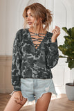 Hollow-out V Neck Camouflage Blouse