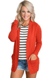 Coral Red Knit Long Sleeve Cardigan Top with Pockets