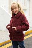 Wine Red Lapel Zipper Pockets Girl's Sherpa Coat