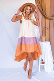 Multicolor High Low Tiered Colorblock Square Collar Midi Dress