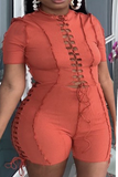 Tangerine Red Sexy Solid Hollowed Out Half A Turtleneck Plus Size Jumpsuits