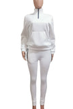 White Casual Solid Split Joint Pocket Zipper Collar Long Sleeve Two Pieces