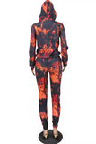 Tangerine Red Casual Patchwork Tie-dye Hooded Collar Long Sleeve Two Pieces