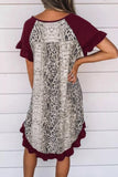 Wine Flounce Design Leopard Printed Short Sleeve Mini Dress
