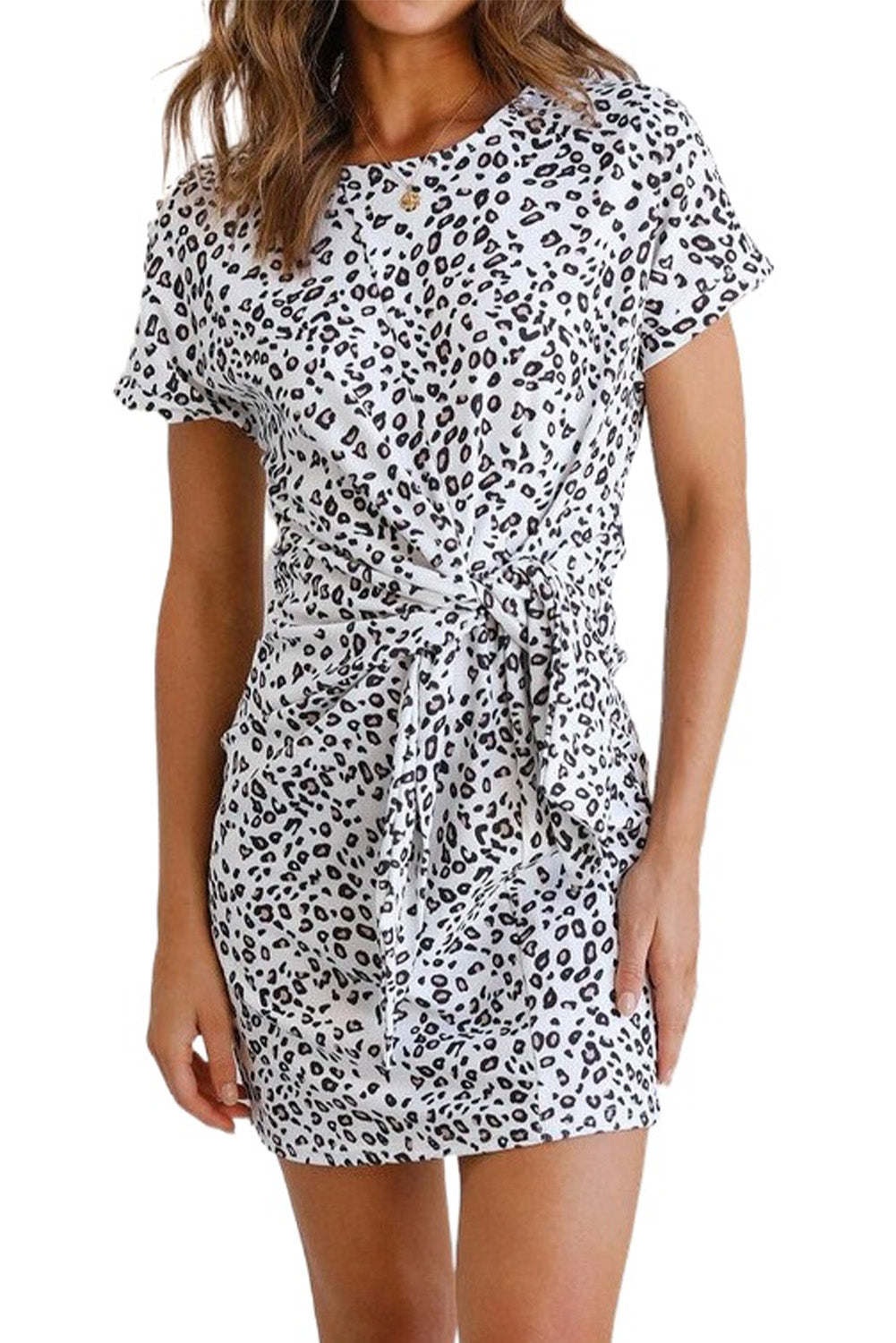 Round Neck Leopard Tie Waist Mini Dress