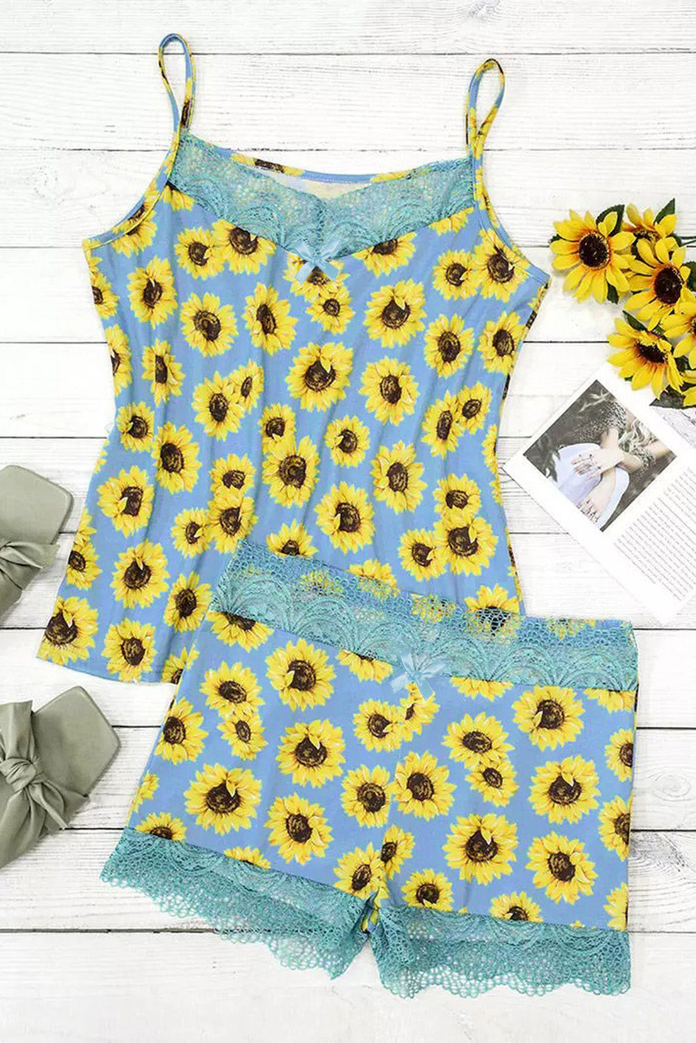 Lace Trim Sunflower Camisole And Shorts Pajamas Set