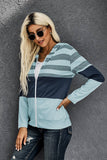 Striped Color Block Drawstring Zip Front Hoodie