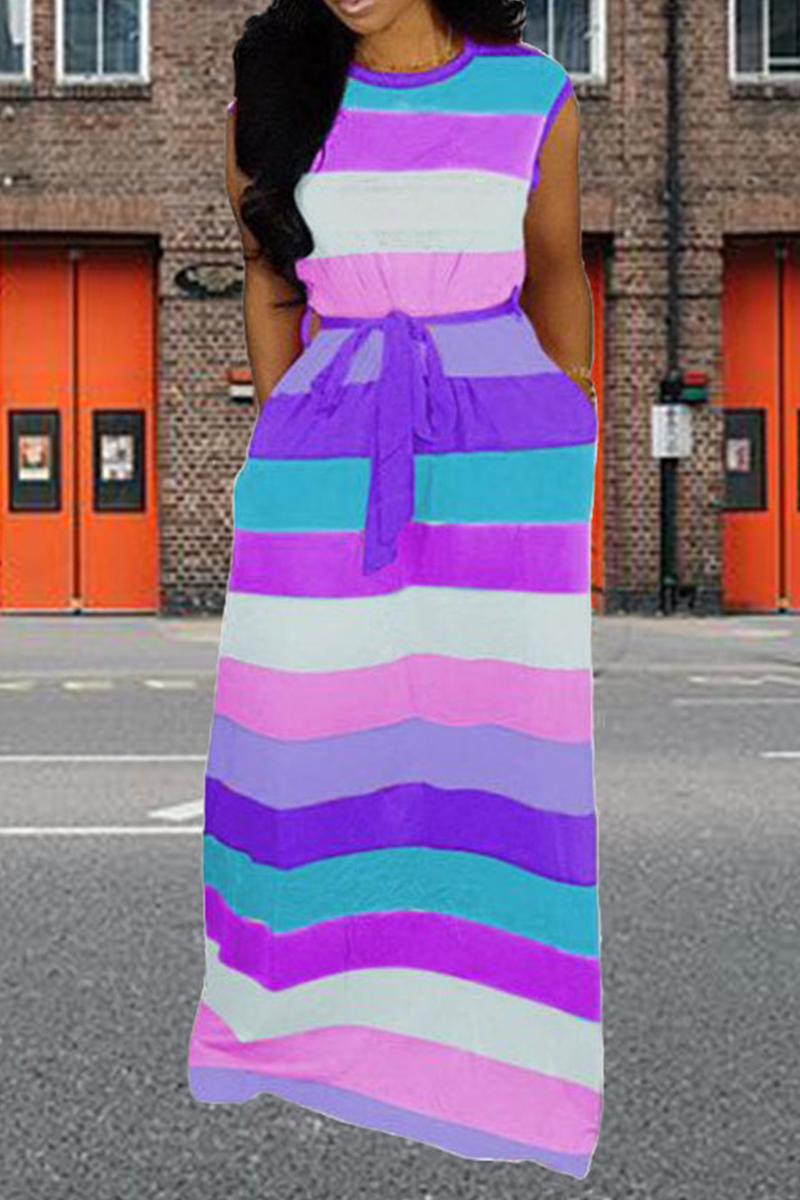 Purple Casual Striped Split Joint O Neck Straight Dresses