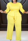 Yellow Casual Solid Split Joint O Neck Plus Size Two Pieces