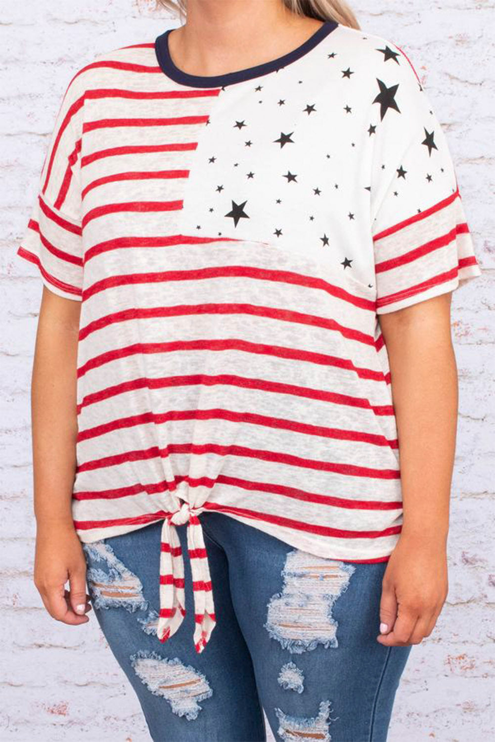 July 4th National Day Flag Print Plus Size Tee with Knot