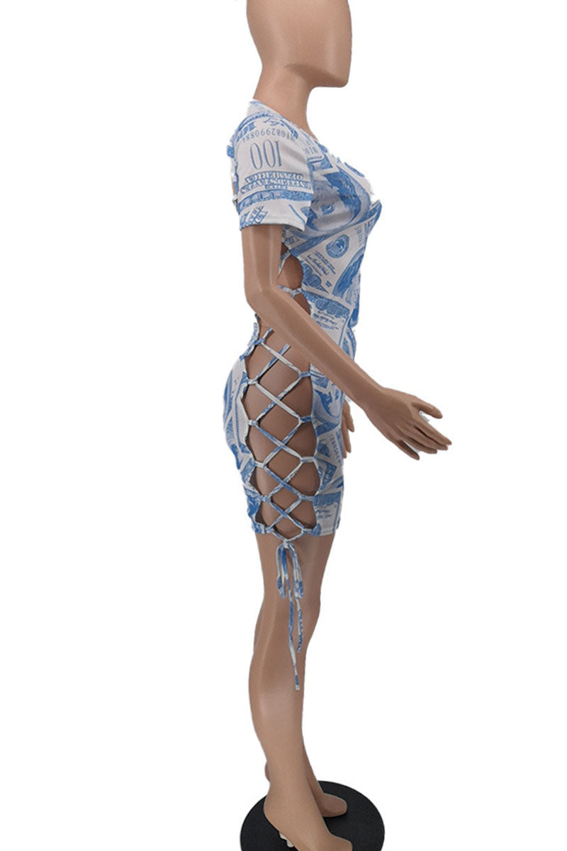 Light Blue Sexy Print Hollowed Out Split Joint Frenulum Backless V Neck Pencil Skirt Dresses