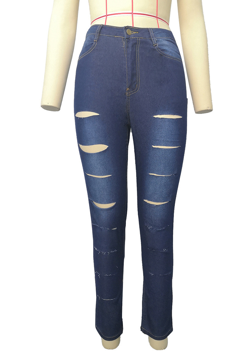 Medium Blue Casual Solid Ripped Mid Waist Skinny Denim Jeans