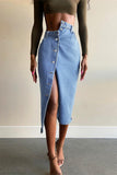 Blue Fashion Casual Solid Buckle Without Belt High Waist Regular Denim Skirts