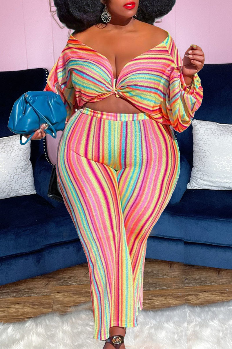 Multicolor Sexy Striped Print Split Joint V Neck Plus Size Two Pieces