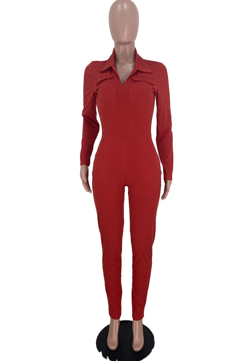 Red Fashion Casual Solid Basic Turndown Collar Skinny Jumpsuits