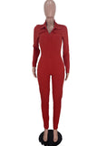 Red Fashion Casual Solid Basic Turndown Collar Skinny Jumpsuits