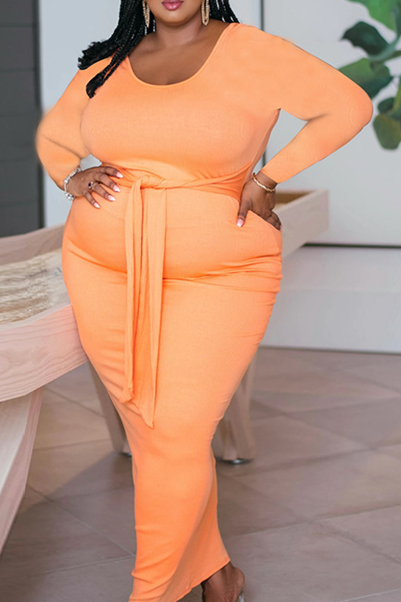 Orange Sexy Solid Split Joint O Neck Pencil Skirt Plus Size Dresses