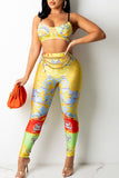 Yellow Sexy Print Split Joint Spaghetti Strap Sleeveless Two Pieces (Without Belt)