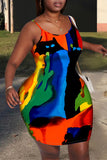 Multicolor Fashion Sexy Plus Size Print Backless Spaghetti Strap Sleeveless Dress