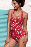 Plus Size Polka Dots Print Halter Neck One-piece Swimwear