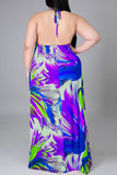 Pink Sexy Print Backless Halter Straight Plus Size Dresses