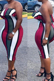 Red Sexy Striped Split Joint Strapless Pencil Skirt Dresses