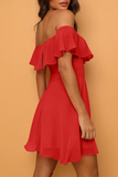 Red Casual Solid Flounce Strapless Cake Skirt Dresses