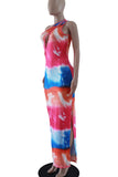 Red Blue Sexy Print Hollowed Out Split Joint Slit Oblique Collar Pencil Skirt Dresses
