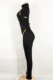 Black Casual Sportswear Solid Split Joint Zipper Collar Skinny Jumpsuits