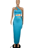 Sky Blue Sexy Solid Bandage Hollowed Out Split Joint Oblique Collar Pencil Skirt Dresses
