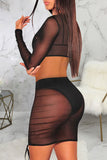 Black Sexy Solid Split Joint Draw String Fold U Neck Long Sleeve Two Pieces