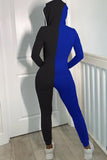 Blue Black Casual Solid Split Joint  Contrast Zipper Hooded Collar Skinny Jumpsuits