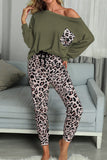 Casual Long Sleeve Leopard Pants Loungewear Set