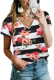 Floral V Neck Colorblock T-shirt