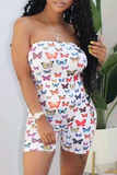White Sexy Butterfly Print Split Joint Strapless Skinny Jumpsuits