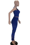 Blue Sexy Solid Ripped Split Joint U Neck Sleeveless Two Pieces