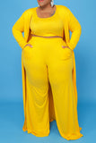 Yellow Casual Solid Split Joint U Neck Plus Size Two Pieces