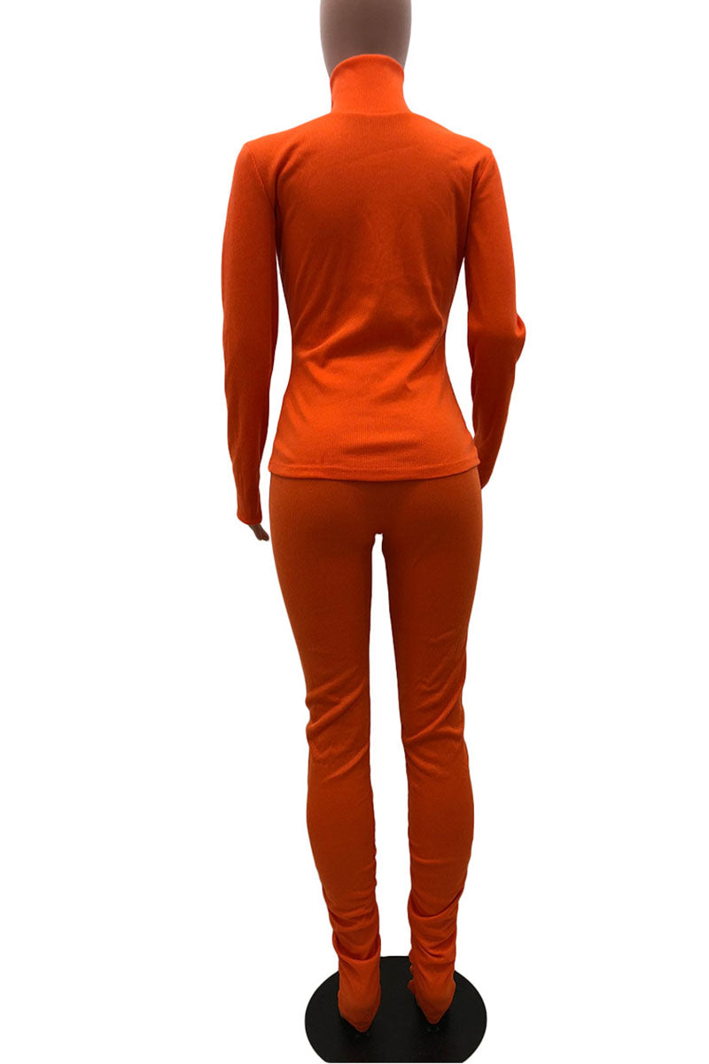 Tangerine Red Casual Solid Split Joint Fold Turtleneck Long Sleeve Two Pieces