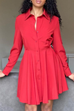 Tangerine Red Casual Solid Split Joint Turndown Collar Shirt Dress Dresses