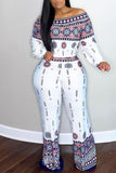 Multicolor Casual Print Split Joint Off the Shoulder Nine Points Sleeve Two Pieces