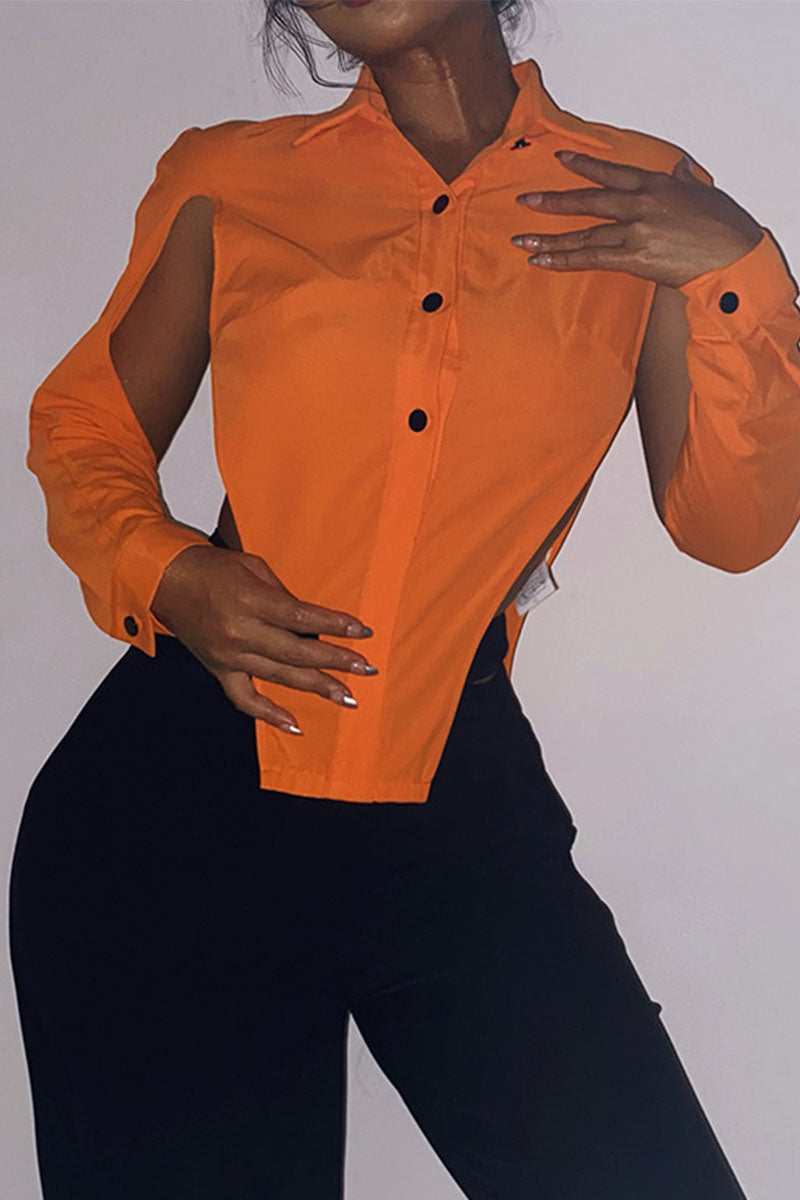 Orange Sexy Solid Hollowed Out Split Joint Slit Asymmetrical Turndown Collar Tops
