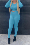 Blue Casual Sportswear Solid Basic O Neck Long Sleeve Two Pieces