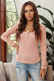 Scoop Neck Button Closure Ribbed Long Sleeve Top