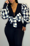Black And White Sexy Plaid Split Joint V Neck Plus Size Tops